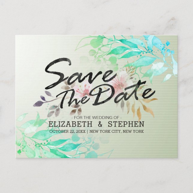 Carte Postale Vert Aquarelle Feuille Mariage Chic Enregistrer La (Devant)
