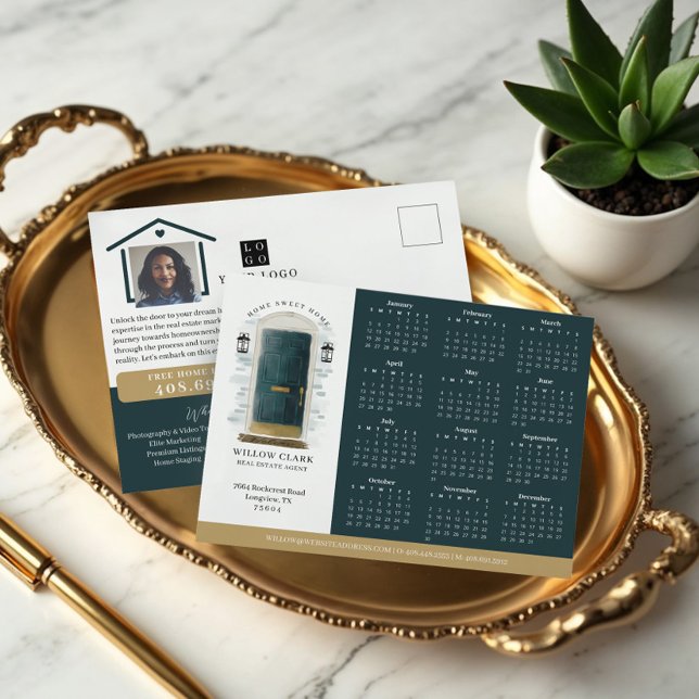 Carte Postale Vert aquarelle Porte Immobilier Calendrier 2025 (Green Watercolor Door Real Estate Calendar 2025 Postcard)