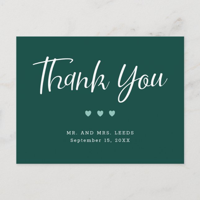 Carte Postale Vert foncé Avec Coeurs Mariage Merci (Devant)