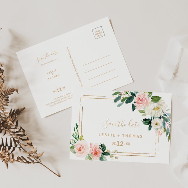 Carte Postale Vert & Or Géométrique Élégant Enregistrer la date (Créateur téléchargé)