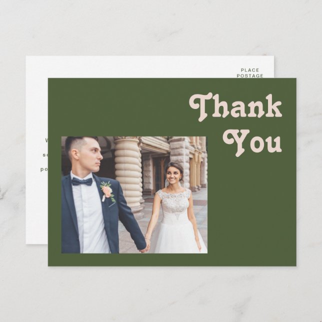 Carte Postale Vibes rétro simples | Merci Mariage vert olive (Devant / Derrière)