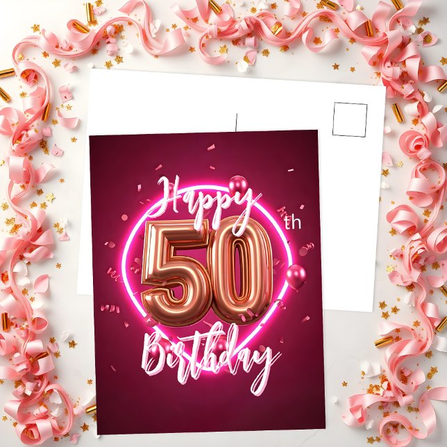 Carte Postale Vibrant Chic Rose Gold et rose Neon 50e anniversai (Créateur téléchargé)
