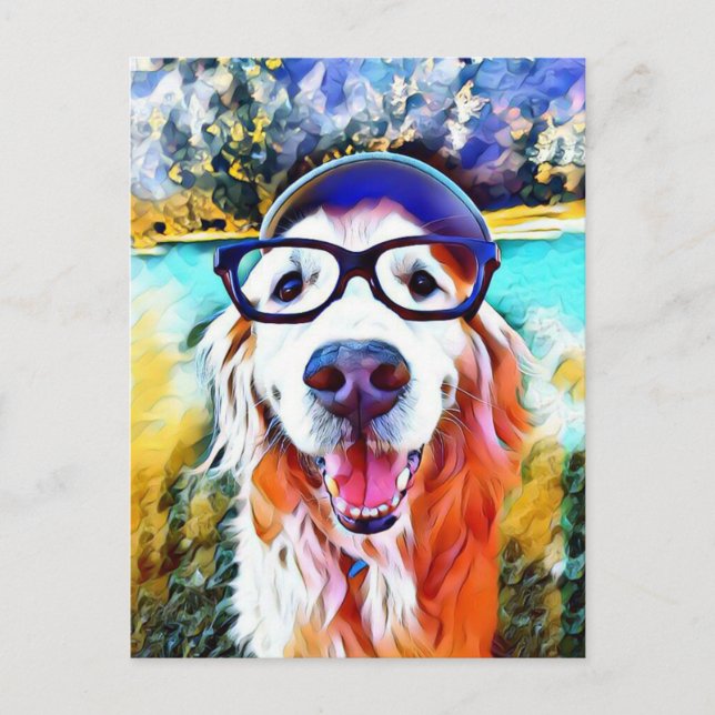 Carte Postale Vibrant Golden Retriever Nerd lunettes Peinture (Devant)