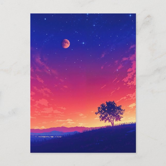 Carte Postale Vibrant Sunset Tree and Blood Moon (Devant)