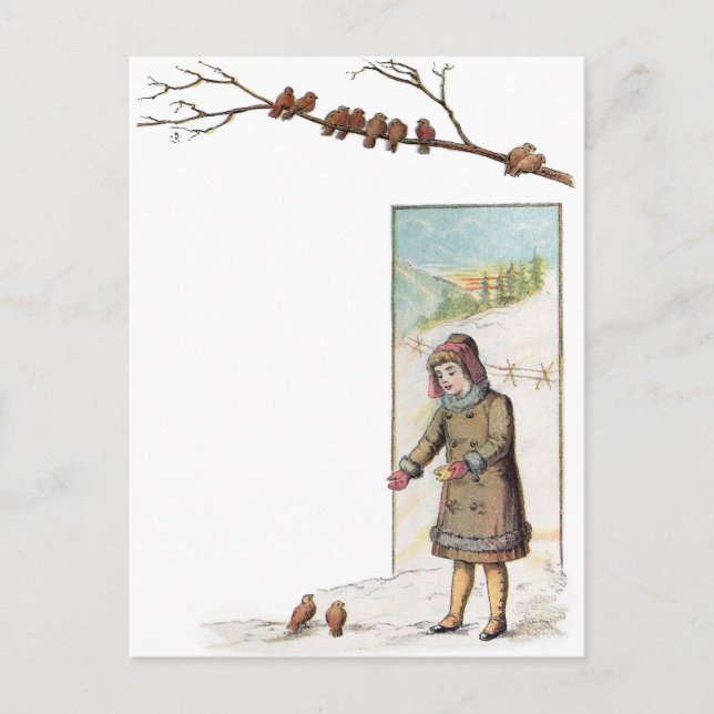 Carte Postale Victorian Girl Nourrir des oiseaux en neige (Devant)