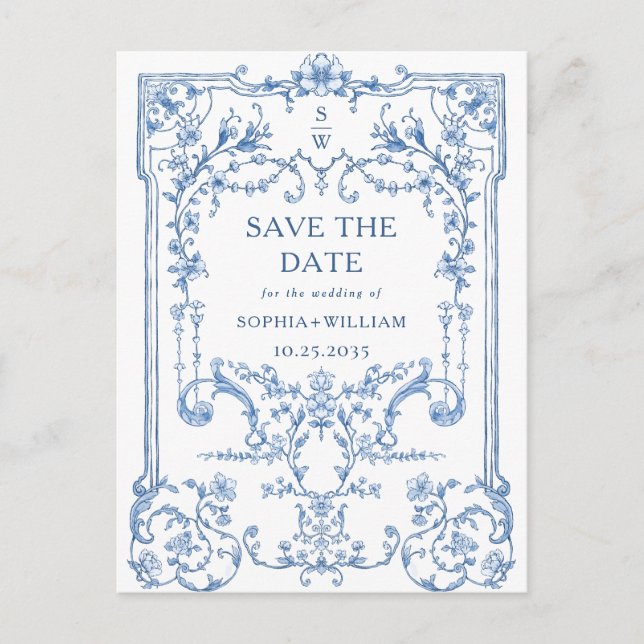Carte Postale Victorian Ornate Grace Blue Wedding Enregistrer La (Devant)