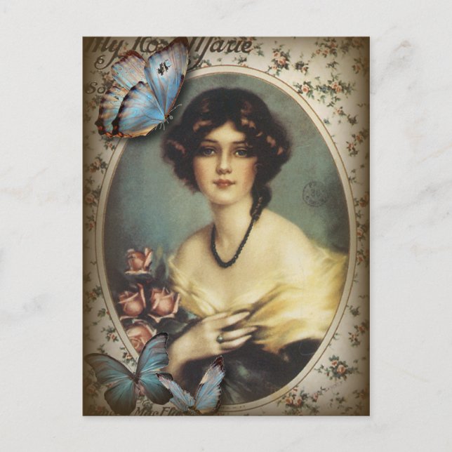Carte Postale Victorian parisien de fille de papillon floral (Devant)