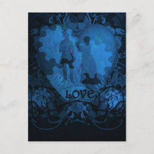 CARTE POSTALE VICTORIEN BLEU STEAMPUNK LOVE COUPLE