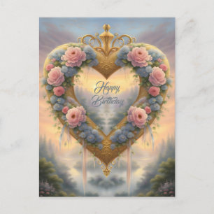 Carte Postale victorien, cœur doré avec fleurs et dicton