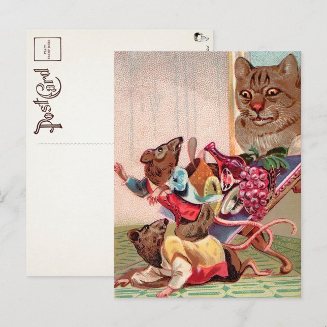 Carte postale victorienne chat et rats effrayants (Devant / Derrière)