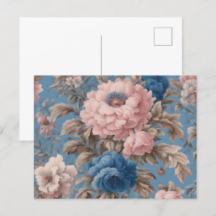 Carte Postale Victorienne Pastel Bleu Et Fleurs Ro