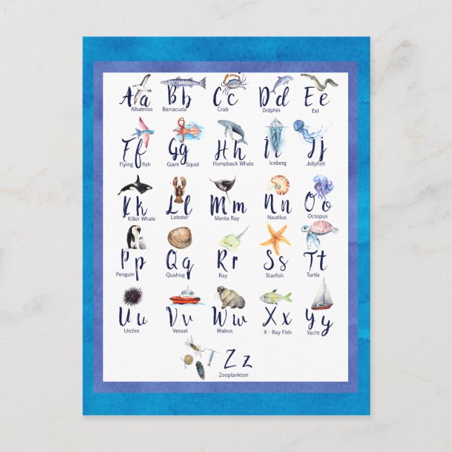 Carte Postale Vie marine Animaux océaniques Alphabet Aquarelle (Devant)