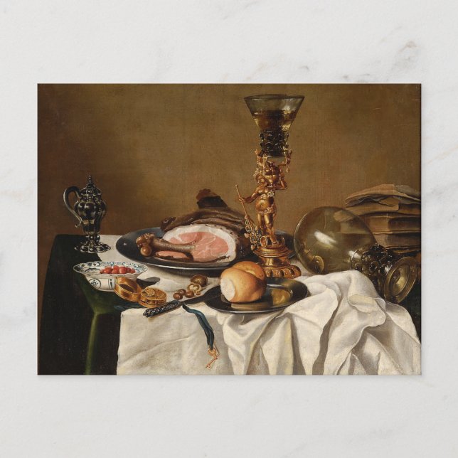 Carte Postale Vie morte avec jambon, livres et vaisseaux ornemen (Devant)