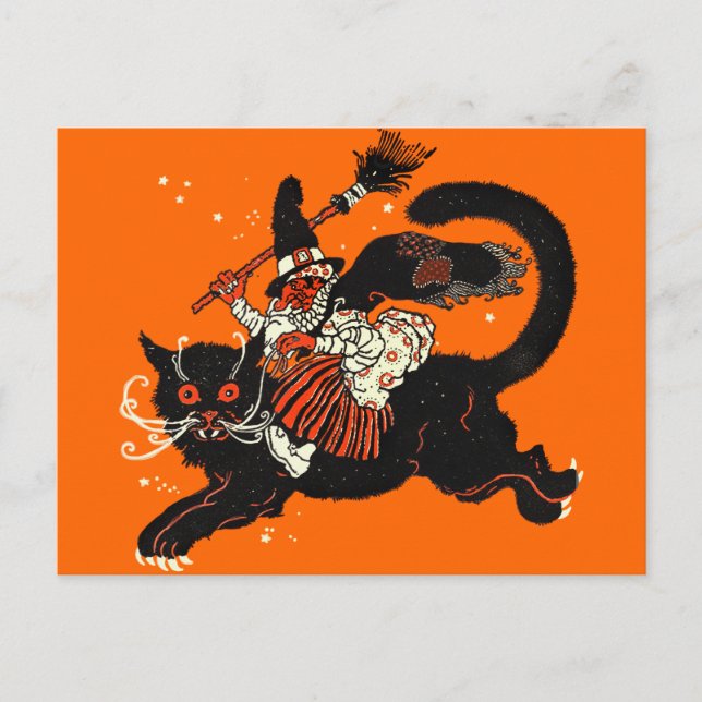 Carte Postale Vieille sorcière vintage montant un chat noir (Devant)