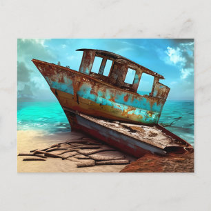 Carte Postale Vieux bateau déserté sur une plage de sable abando