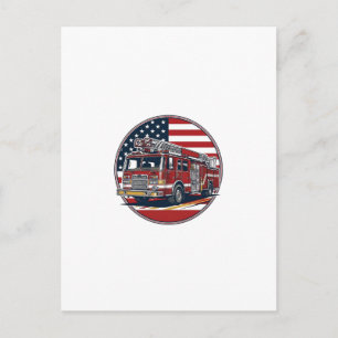 Carte Postale Vieux Camion de Pompiers Drapeau Américain Cercle