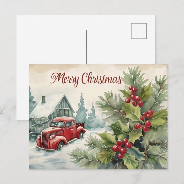 Carte postale Vieux Camion Rouge Noël (Devant / Derrière)