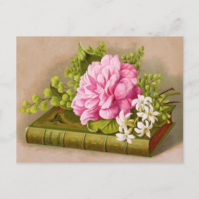 Carte Postale Vieux livre d'anniversaire avec fleurs roses (Devant)