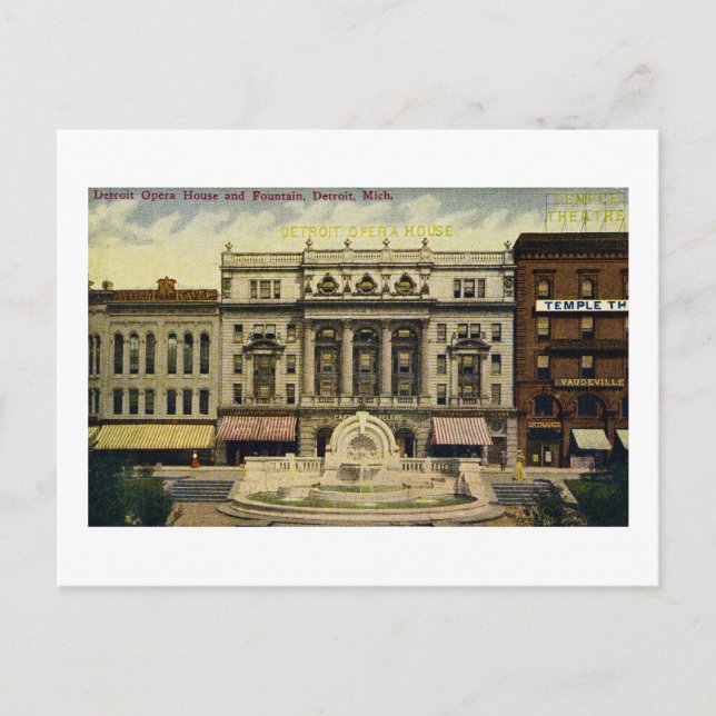 Carte Postale Vieux opéra de Détroit et fontaine, Detroit, MI (Devant)