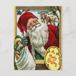 Carte Postale Vieux Père Noël vintage avec jouets et rennes