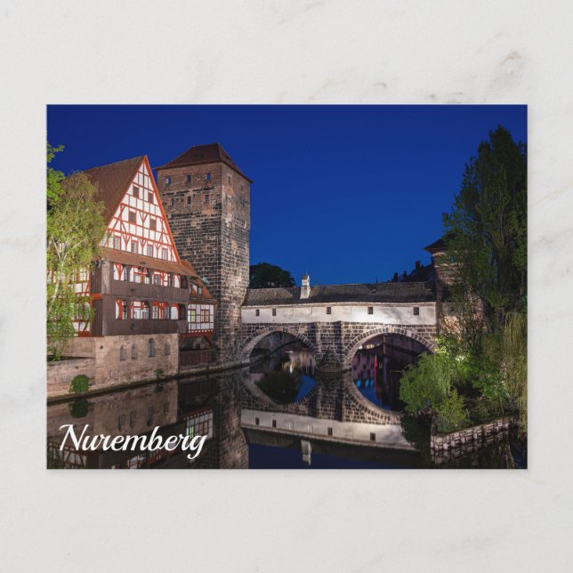 Carte Postale Vieux pont médiéval la nuit à Nuremberg, Allemagne (Devant)