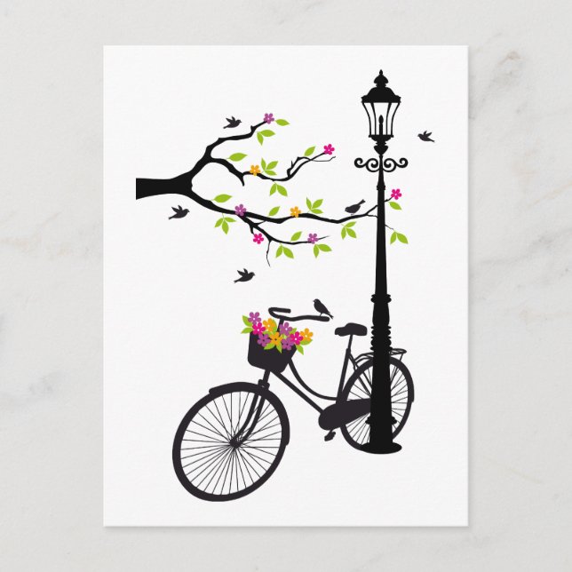 Carte Postale Vieux vélo avec lampe, panier de fleurs, oiseaux,  (Devant)