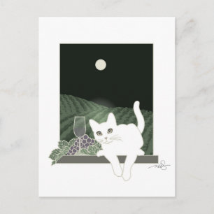 Carte Postale Vigne, Clair de Lune et Chat Blanc