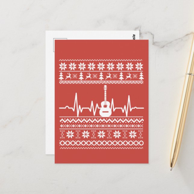 Carte Postale Vilain joyeux pull de Noël guitare acoustique (Devant/Arrière en situation)