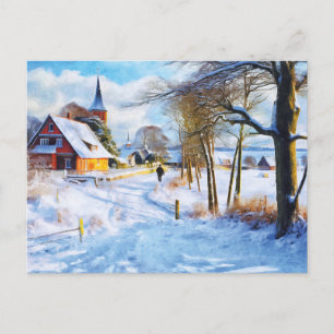 Carte Postale Village balte en hiver. Homme marchant. Art