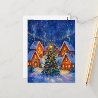 Carte Postale Village de Noël festif nocturne à l'aquarelle vint