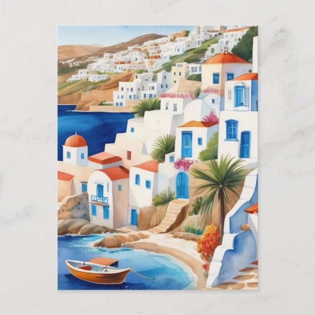 Carte Postale Village grec en bord de mer, Grèce Voyage Souvenir (Devant)