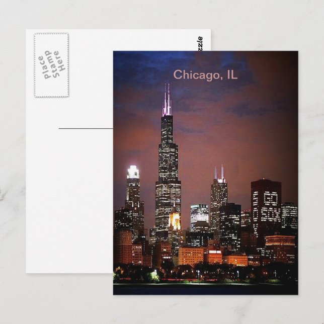 Carte Postale Ville de Chicago Illinois Night Skyline (Devant / Derrière)