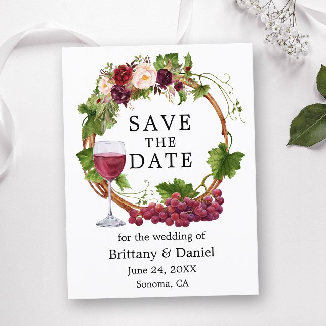 Carte Postale Vins de raisin d'aquarelle Fleur Wreath Enregistre (Customize to change text size or text style.)