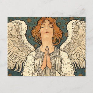 Carte Postale Vintage ange religieux priant avec des étoiles d'o