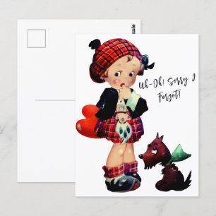 Carte Postale Vintage Art Girl Red Plaid Heart Chien  