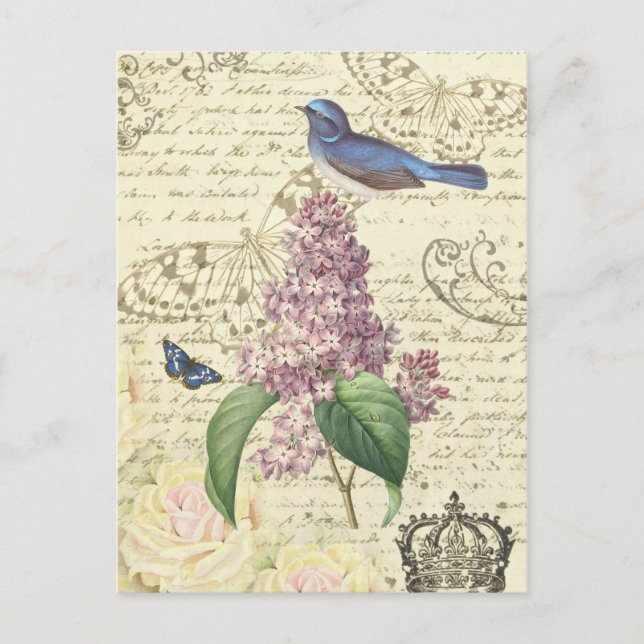 Carte postale vintage avec oiseau et lilas (Devant)