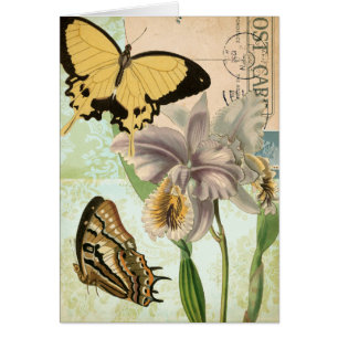 Carte postale vintage avec papillons et fleurs