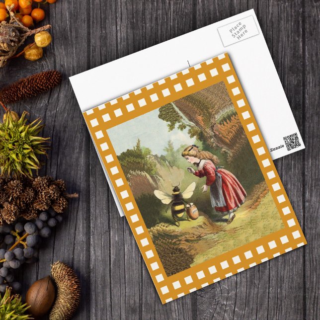 Carte Postale Vintage Bee Little Girl Honey Pot (Victorian little girl in woods with bee pot of honey on checkered border postcard.)