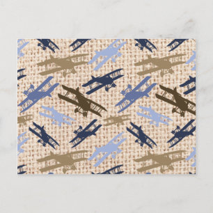 Carte Postale Vintage Biplane Burlap Imprimer Motif d'avion