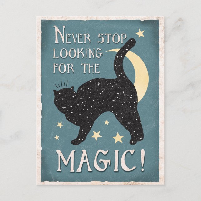 Carte Postale Vintage Bleu Magie Noir Chat Stars Lune (Devant)