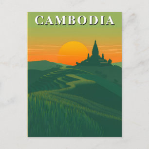 Carte Postale Vintage Cambodge Voyage Riz Fields et Temple