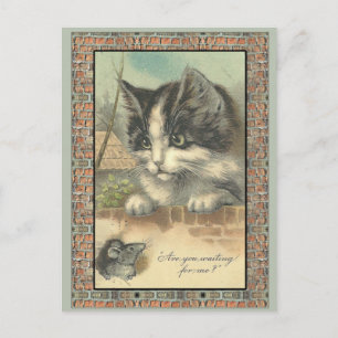 Carte Postale Vintage chat et souris "m'attendant ?"