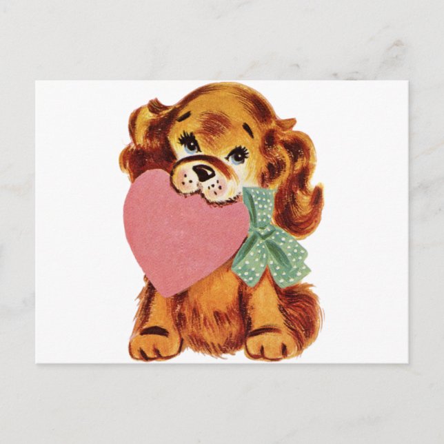 Carte Postale Vintage chiot tient le coeur (Devant)