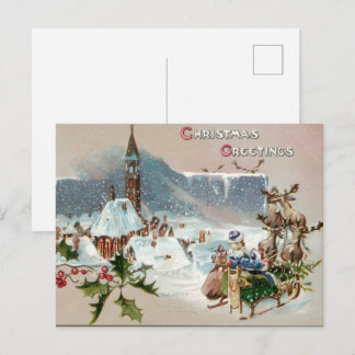 Carte Postale Vintage CHRISTMAS GREETINGS with Santa on Sleigh
