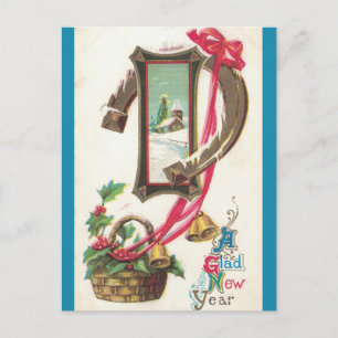 Carte Postale Vintage Church Holly Horseshoe et Bells Nouvel An