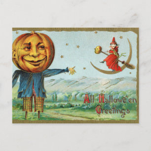 Carte postale vintage citrouille épouvantail Hallo