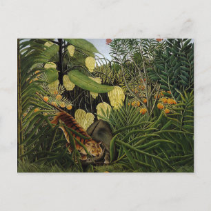 Carte Postale Vintage combat Rousseau entre Tigre et Buffalo