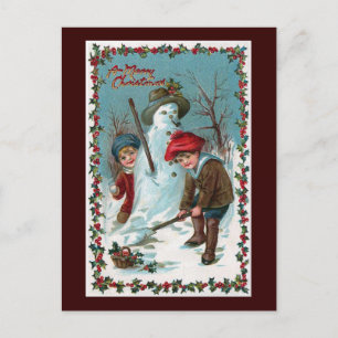 Carte Postale vintage "Construire le bonhomme de neige"