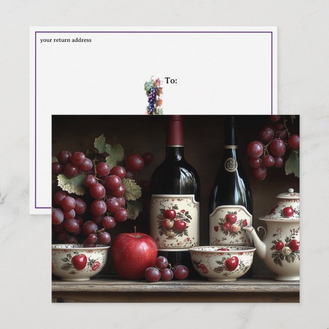 Carte Postale  Vintage Country Kitchen Wine Grapes Apples (Devant / Derrière)