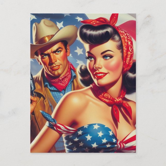 Carte Postale Vintage Cowboy et Pin Up (Devant)